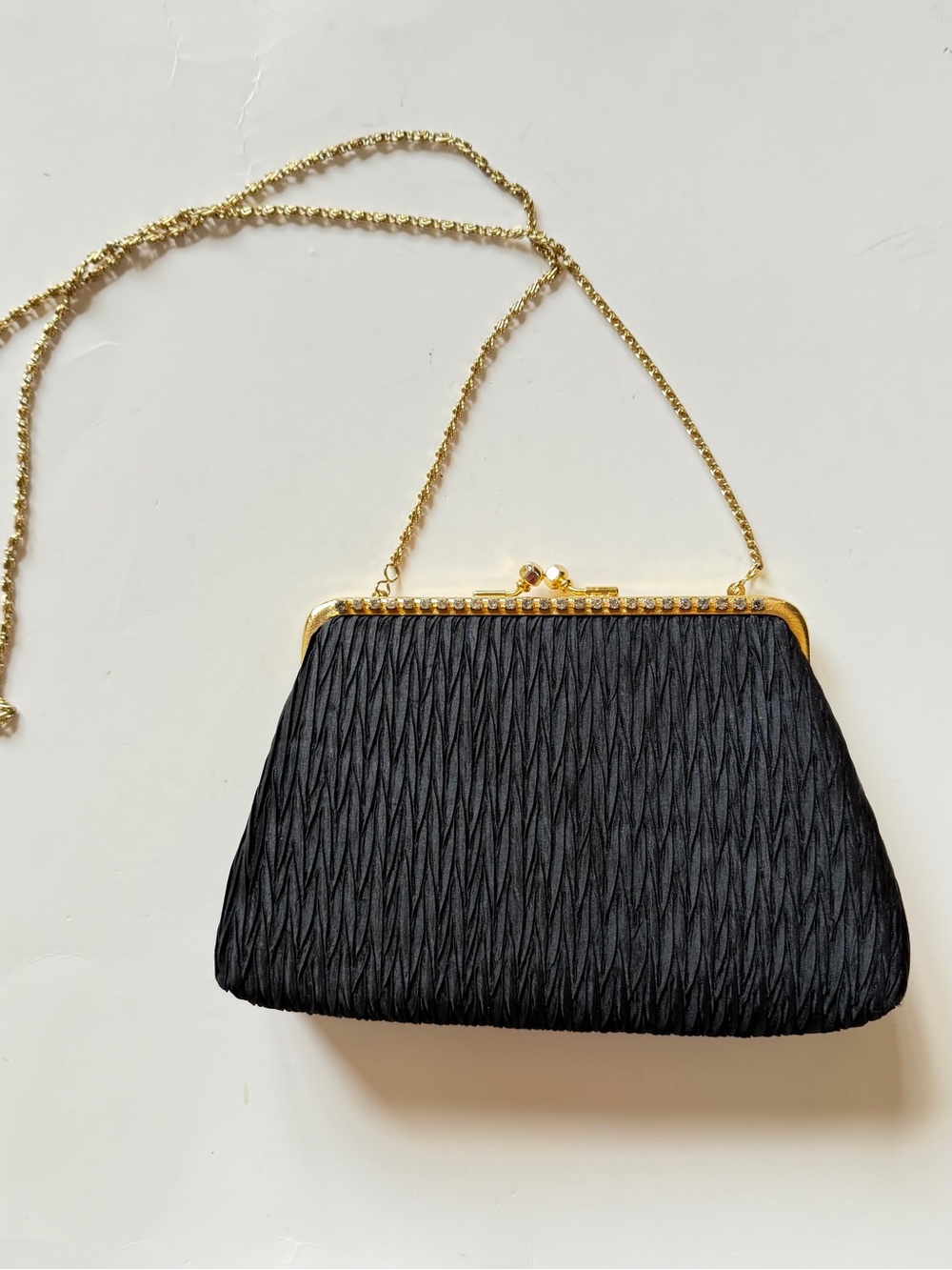 Vintage La Regale Black Satin Evening Clutch Shoulder Bag Rhinestone Kiss Lock